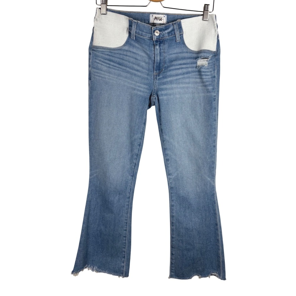PAIGE Colette Crop Flare Maternity Jeans Blue Light Wash Distressed Size 28 - Picture 4 of 7